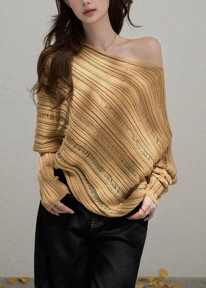 Fitted Khaki Cold Shoulder Striped Knit Shirts Fall