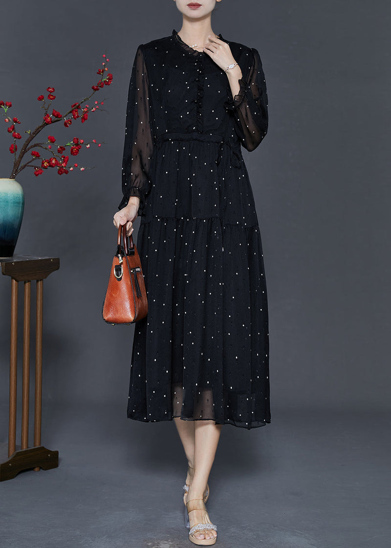 Black Tie Waist Dot Chiffon Long Dress Fall