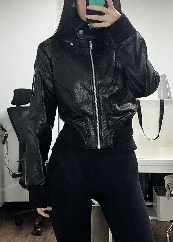 Black Zip Up Patchwork Faux Leather Coats Spring