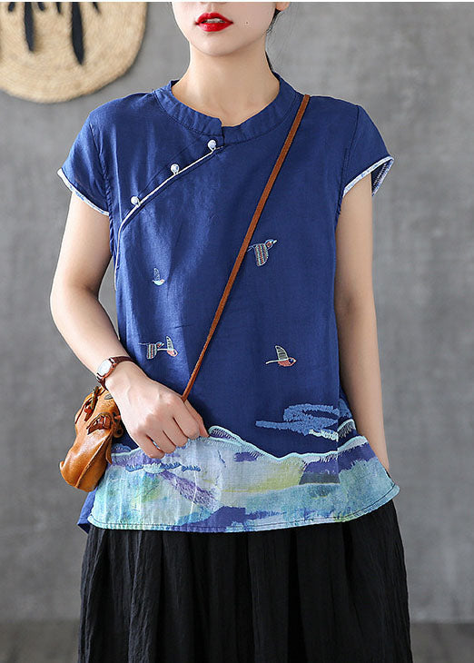 Unique Blue Mandarin Collar Embroideried Cotton Tank Tops Short Sleeve