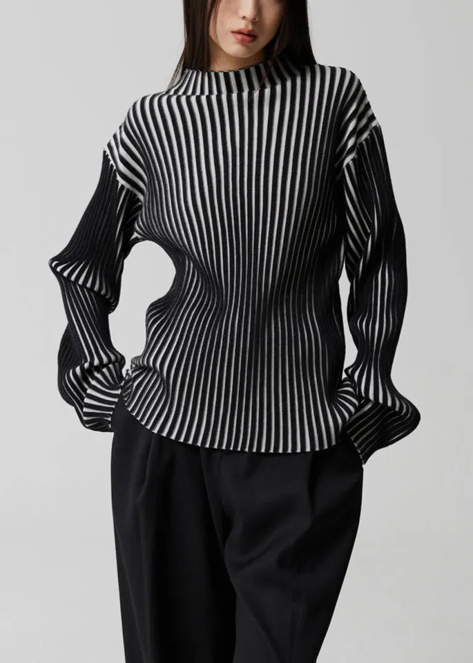 French Striped Stand Collar Patchwork Knit Top Long Sleeve Winter