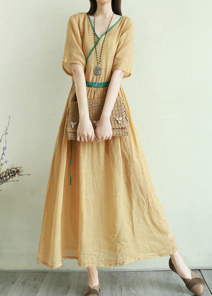 Green Tie Waist V Neck Patchwork Linen Dresses Half Sleeve