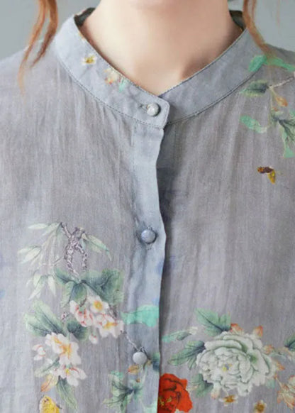 Blue Stand Collar Print Tops Half Sleeve