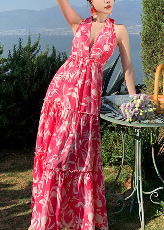 Red Patchwork Halter Wrinkled Maxi Beach Dress Sleeveless