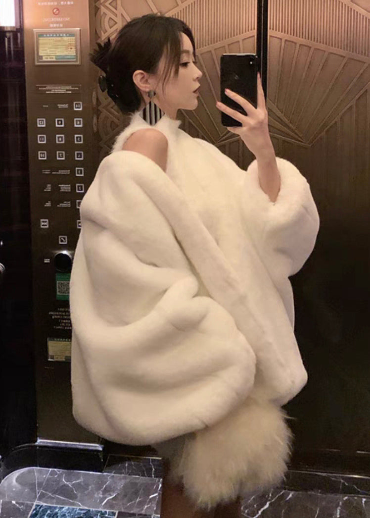 New White V Neck Fuzzy Fur Fluffy Coats Long Sleeve