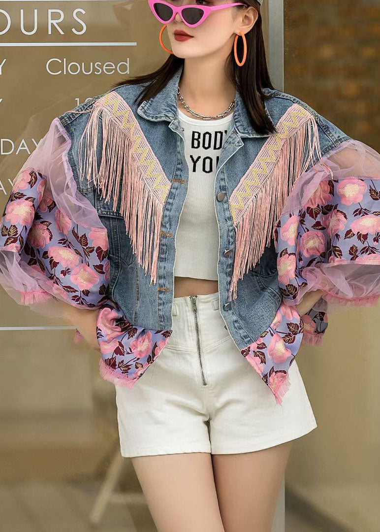 Blue Lantern Sleeve Patchwork Button Fall Denim Jackets