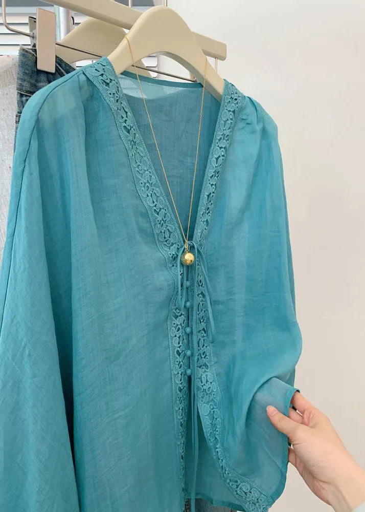 Blue V Neck Hollow Out Top Fall
