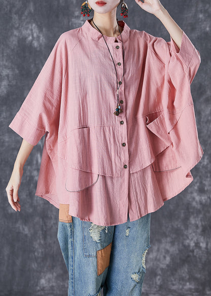 Pink Button Down Pockets Linen Blouses Batwing Sleeve