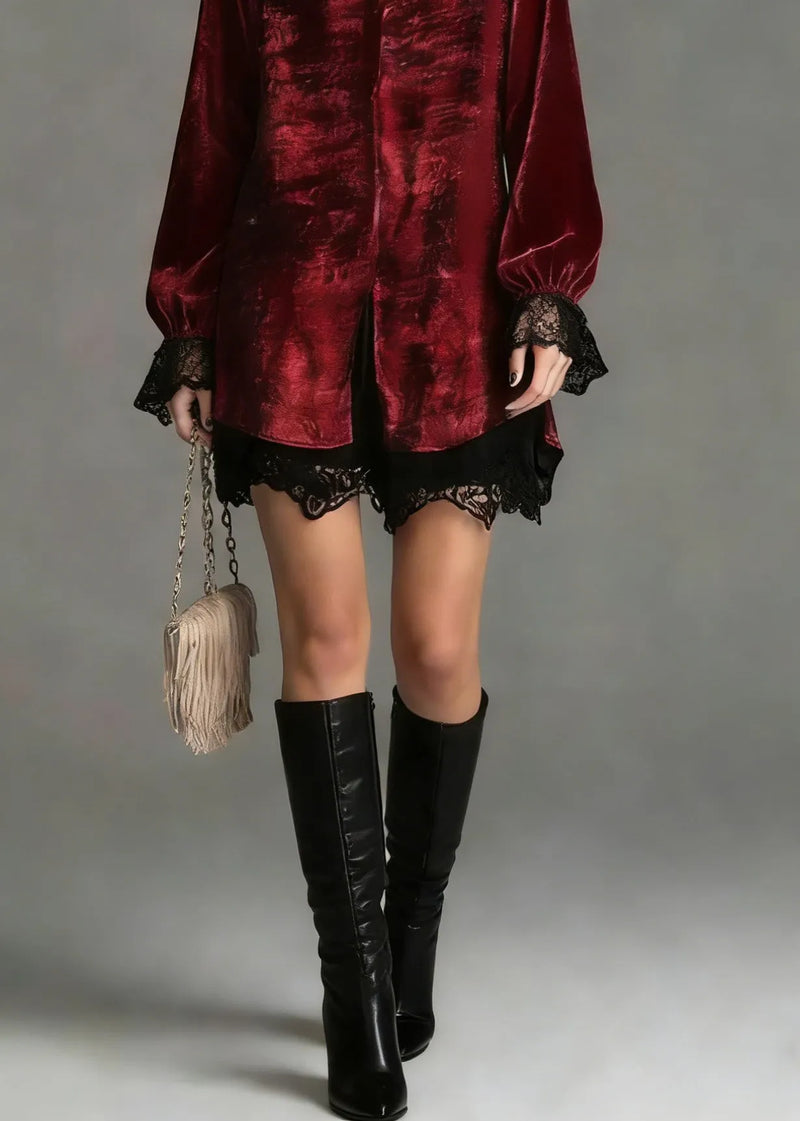 Red Peter Pan Collar Lace Patchwork Silk Shirt Top Spring