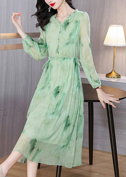 Green Ruffled Print Lace Up Chiffon Dress Summer