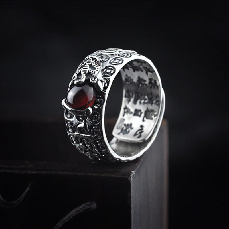 Buddha Stones Fengshui Pixiu Red Garnet Wealth Ring
