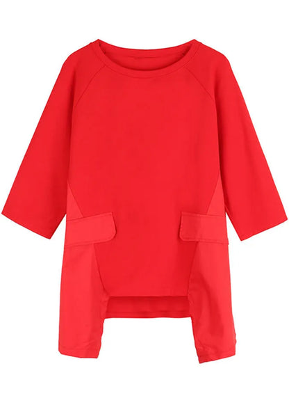 Fitted Red O-neck Patchwork Asymmetrical Design Fall Half Sleeve Top