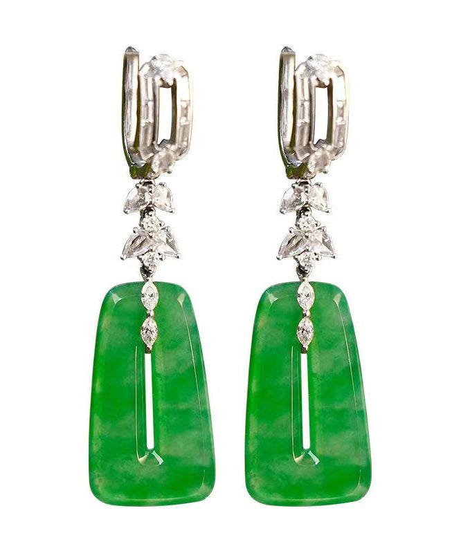 Green Sterling Silver Jade Square Hollow Out Drop Earrings