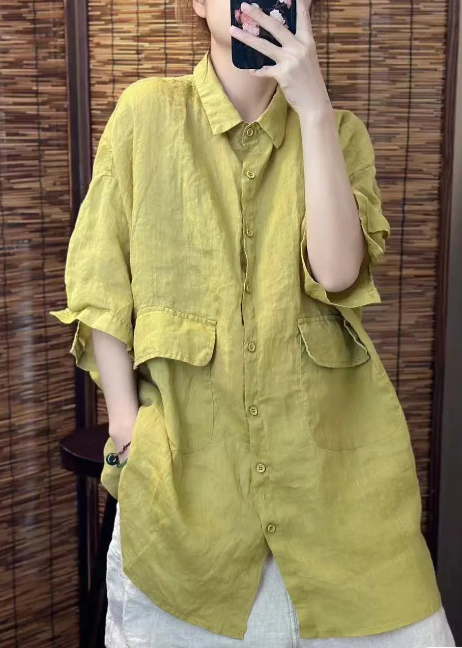 Red Oversized Pockets Linen Blouses Summer