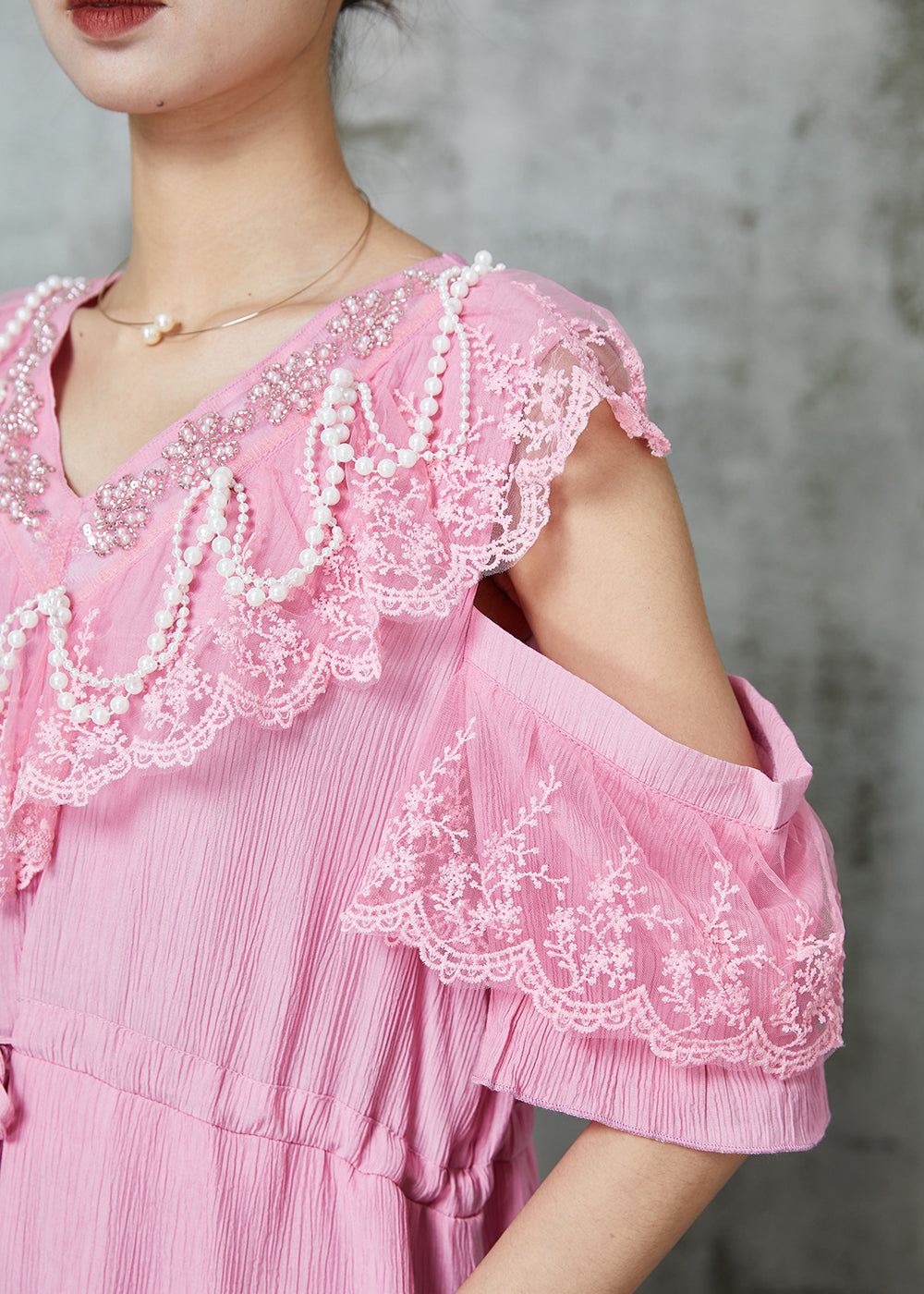 Pink Cold Shoulder Patchwork Chiffon Holiday Dress Summer