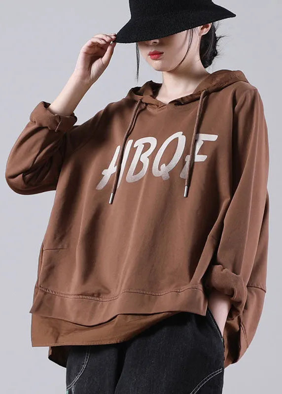 Brown Hooded Drawstring Graphic Fall Patchwork Sweatshirts Top