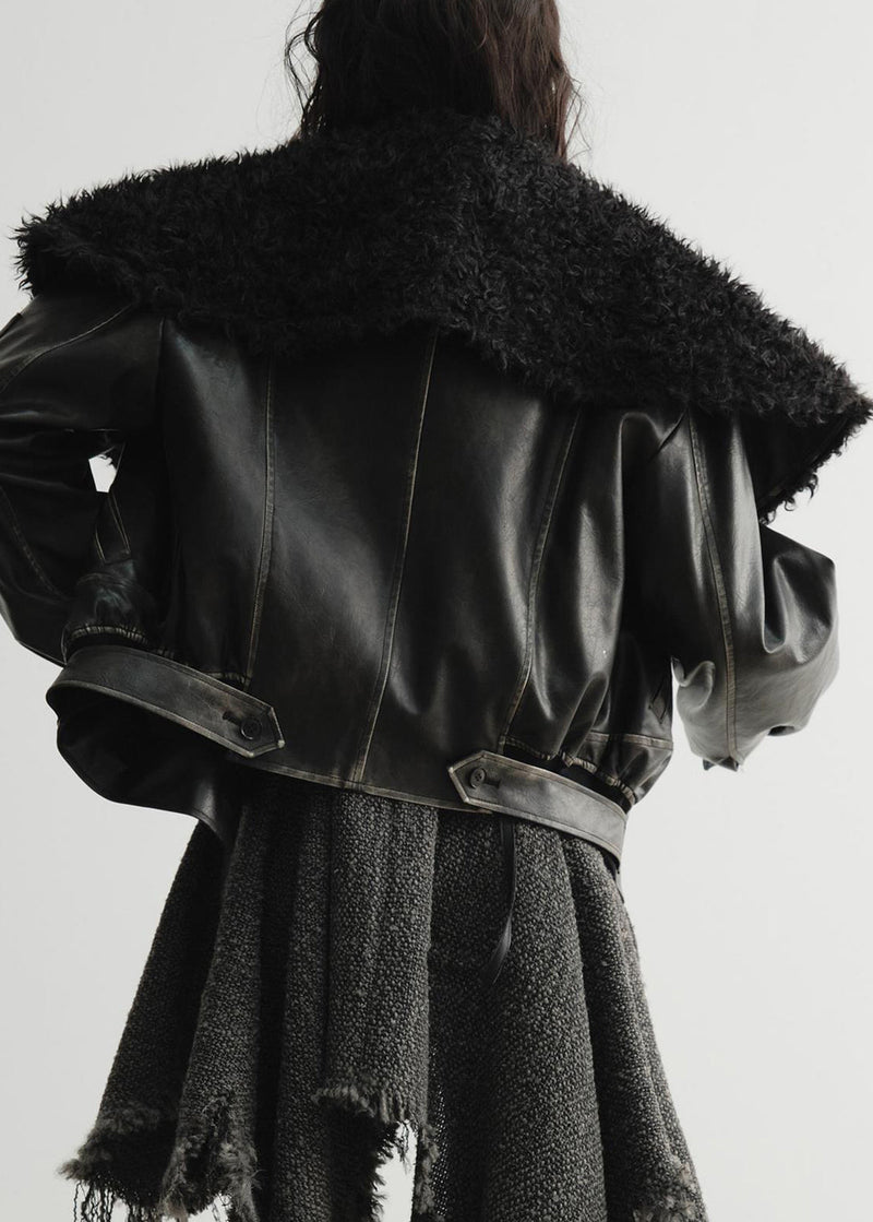 Black Fur Collar Pockets Faux Leather Coats Spring