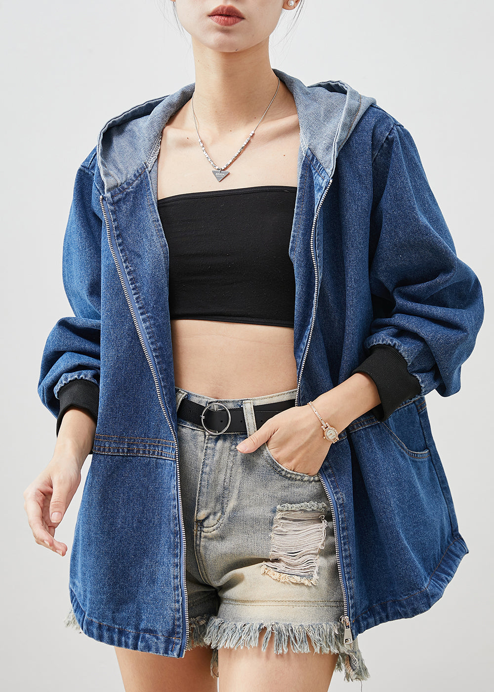 Blue Hooded Patchwork Denim Jackets Spring