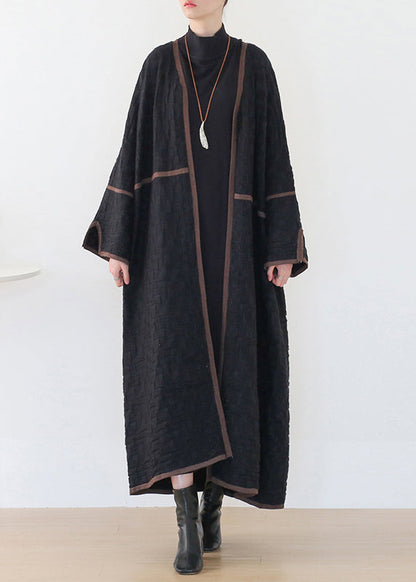 Black V Neck Patchwork Woolen Trench Coats Long Sleeve