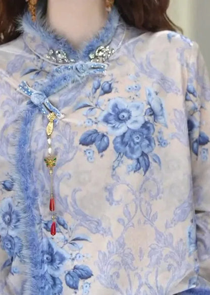 Chinese Style Blue Print Oriental Button Patchwork Silk Top Spring