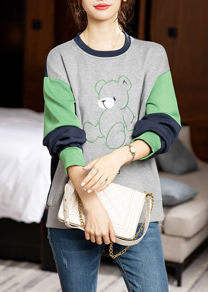 Grey O-neck Embroideried Patchwork Cotton Sweatshirt Long Sleeve