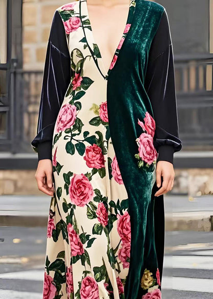 Asymmetrical Patchwork Silk Velour Maxi Dresses Spring