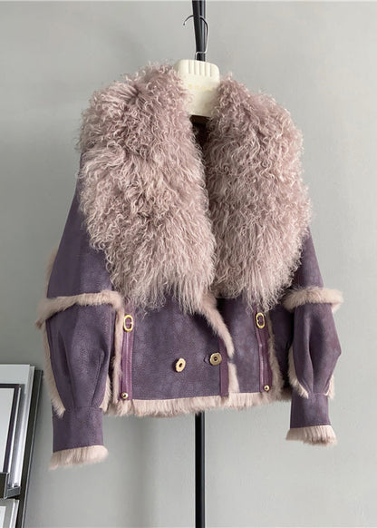 French Purple Wool Collar Patchwork Leather and Fur Jacket Winter