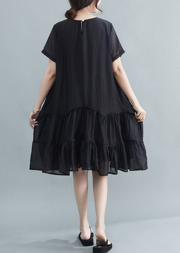 Black O-neck Patchwork Wrinkled Cotton Dresses Summer
