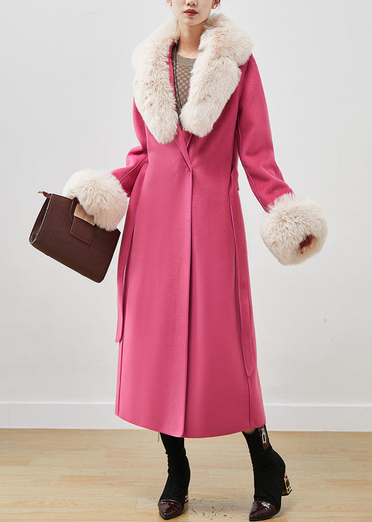 Pink Silm Fit Woolen Coat Outwear Fur Collar Tie Waist Fall