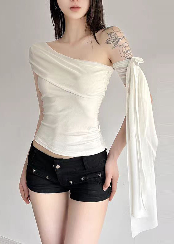 Slim Fit Black Cold Shoulder Bow Tulle T Shirt Tops Summer