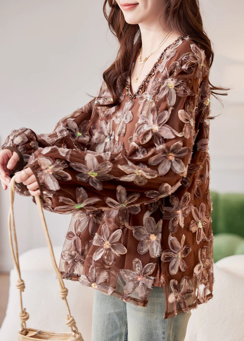 Handmade Coffee Nail Bead Sequins Chiffon Shirt Spring
