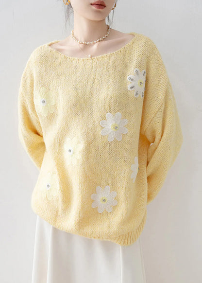 Fine Yellow Oversized Rhinestone Knit Sweaters Winter