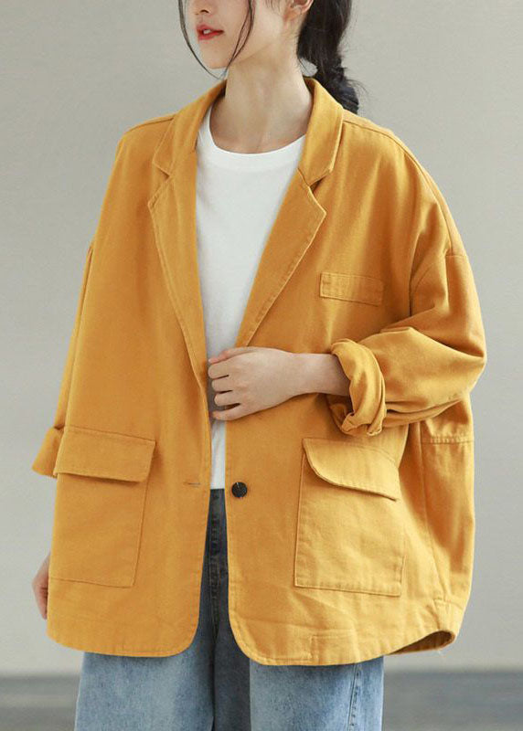 Yellow Notched Pockets Patchwork Cotton Coats Spring