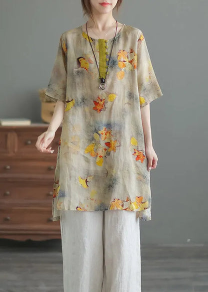 Yellow O-neck Print Button Side Open Linen Tops Half Sleeve
