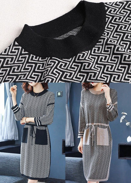 Black O-neck Print Drawstring Knit Sweater Dress Long Sleeve