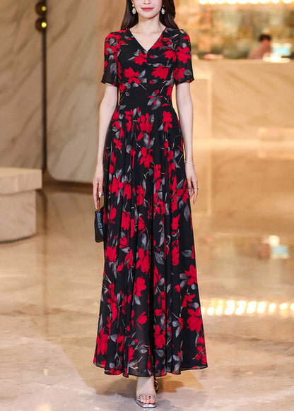 French Black Red V Neck Print Chiffon Long Dresses Summer