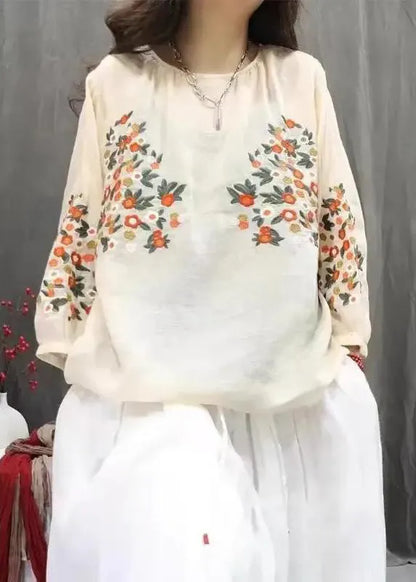 Blue O-neck Embroidered Tops Fall