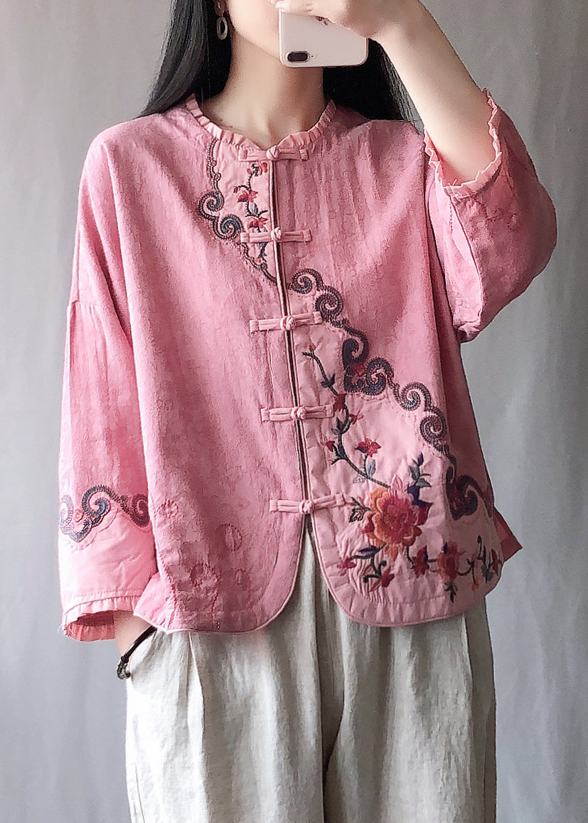 Pink Ruffled Embroideried Chinese Button Cotton Short Coat Spring