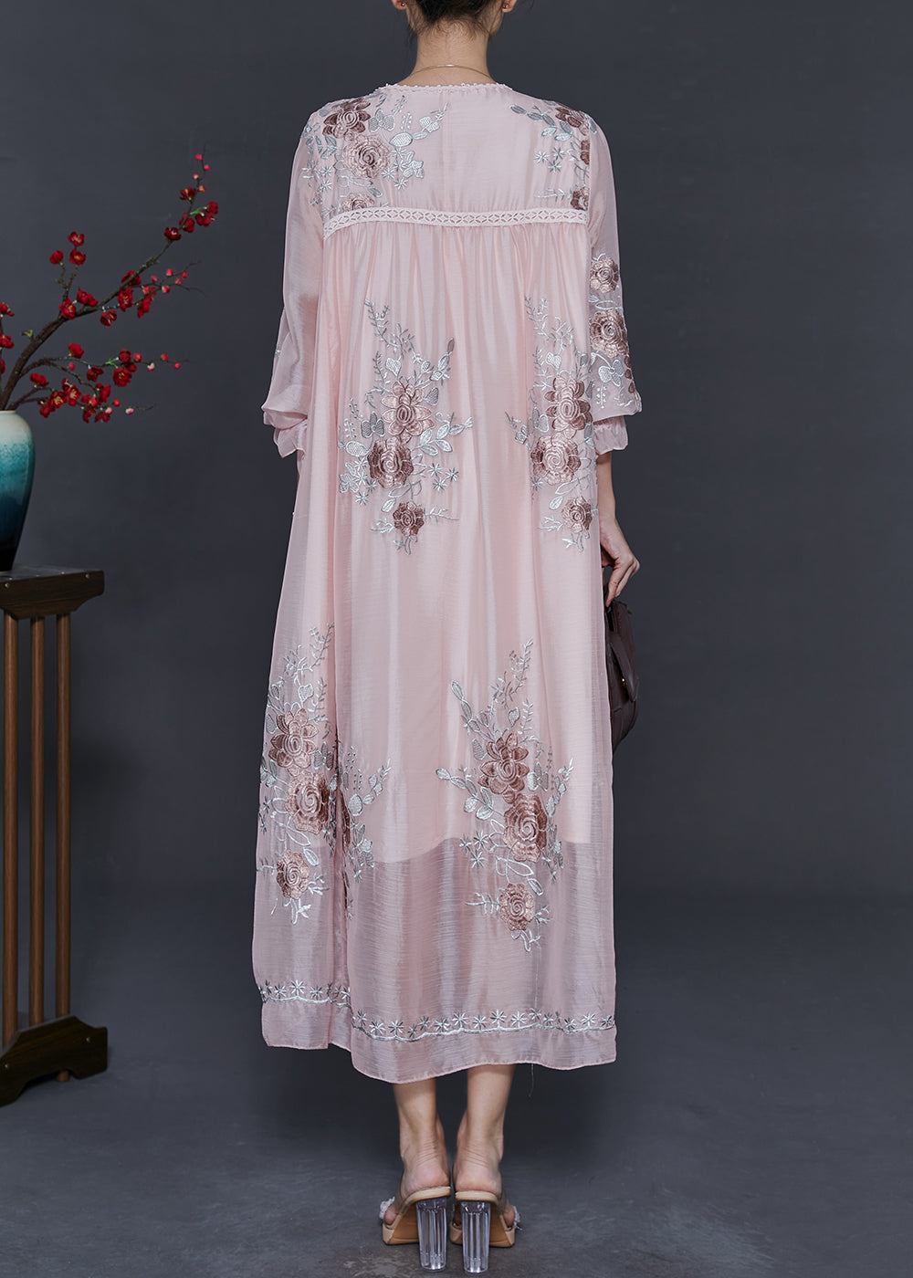 Light Pink Embroidered Silk Holiday Dress Fall