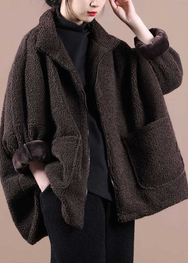 Chocolate Warm Teddy Faux Fur Loose Coats Zip Up Batwing Sleeve