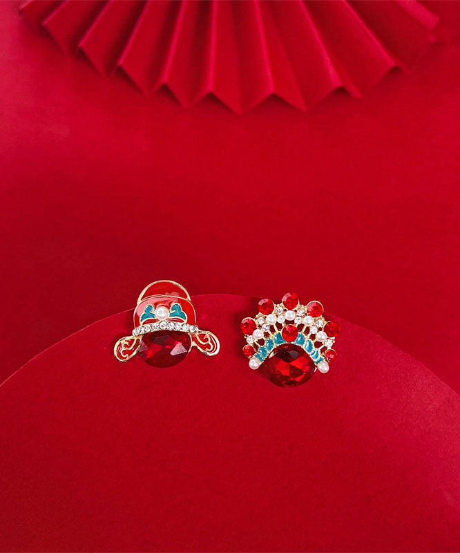Red Zircon Crystal Pearl Asymmetric Design Peking Opera Mask Stud Earrings