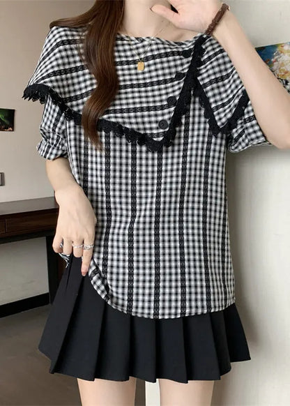 Grey Asymmetrical Plaid Cotton Shirts Summer