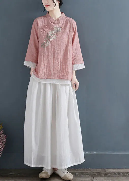 Pink Stand Collar Embroideried Cotton Fake Two Piece Shirts Three Quarter Sleeve