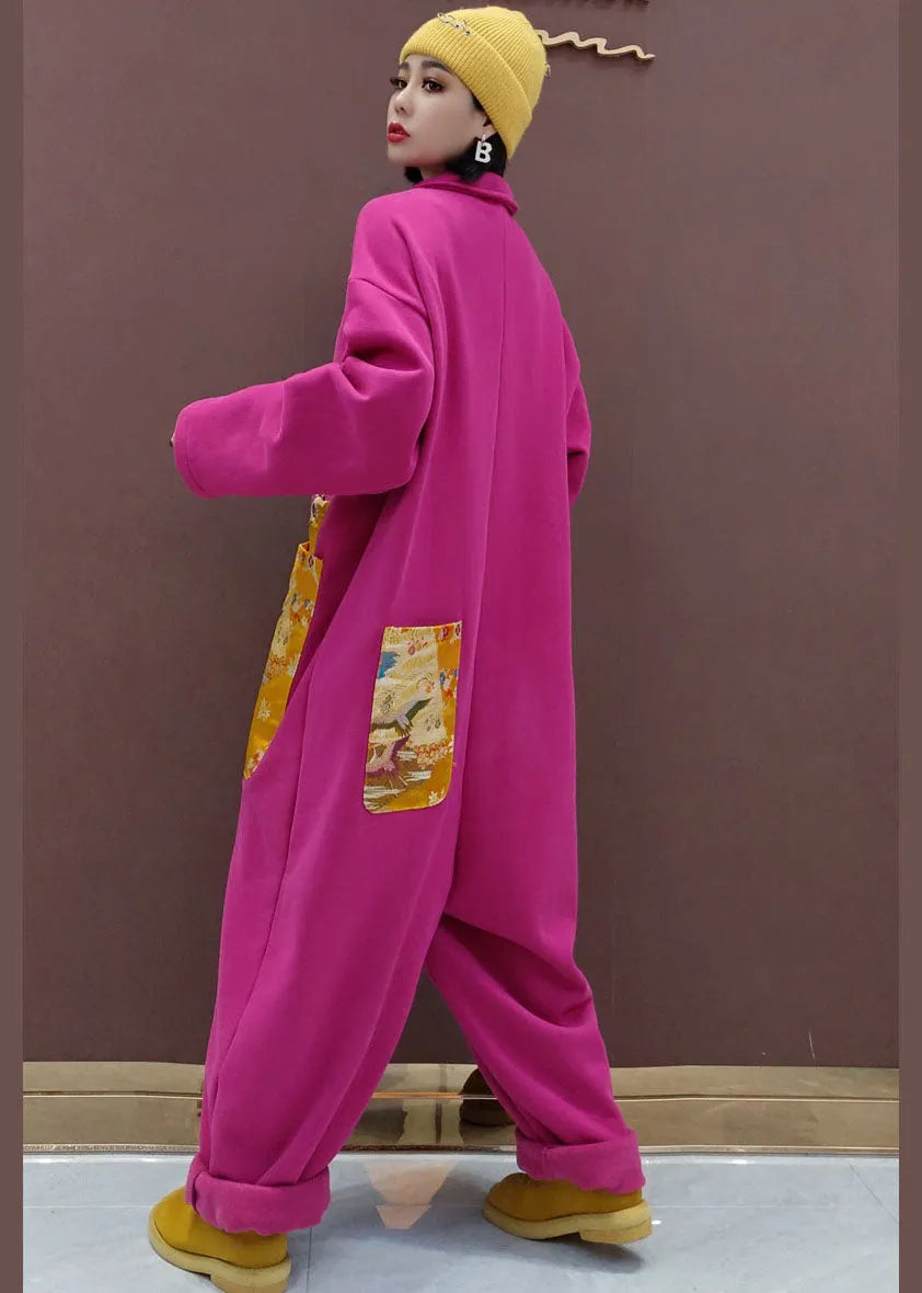 Natural Red Peter Pan Collar Pockets Patchwork Warm Fleece Jumpsuit Spring