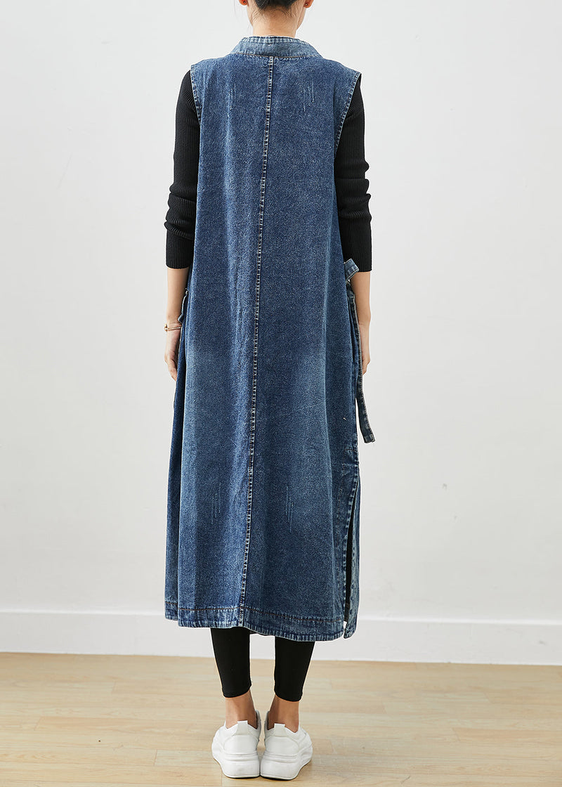Blue Oversized Lace Up Denim Long Vests Fall