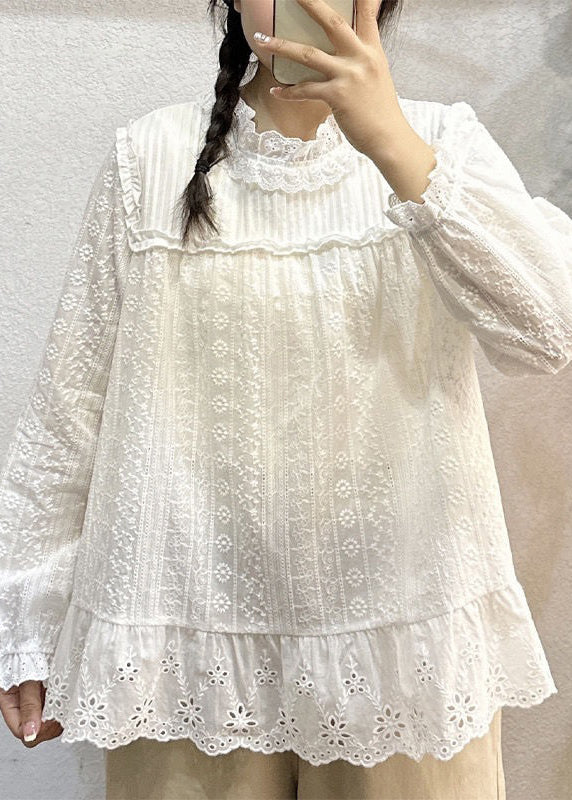White Hollow Out Lace Patchwork Cotton Top Long Sleeve
