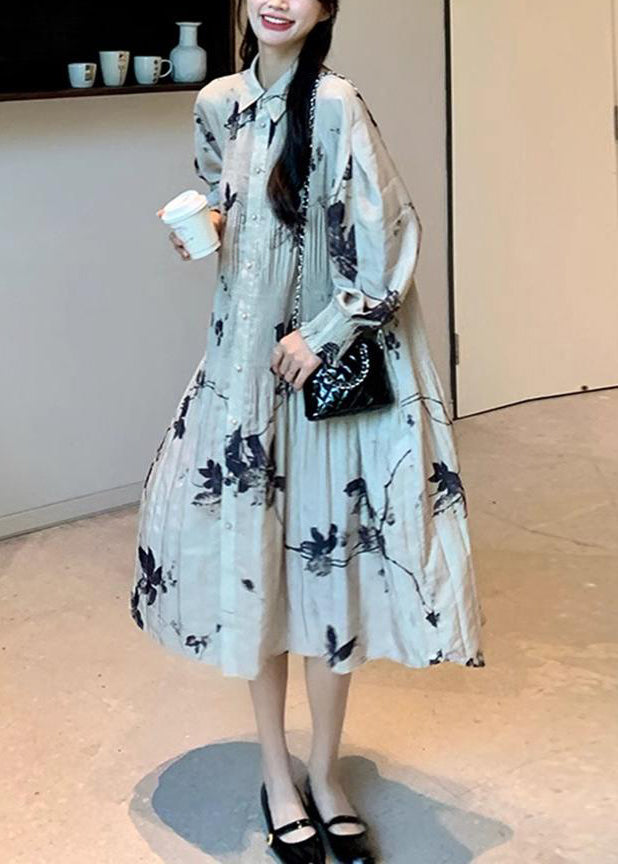 Chinese Style Wrinkled Print Button Collar Long Dresses Lantern Sleeve Spring