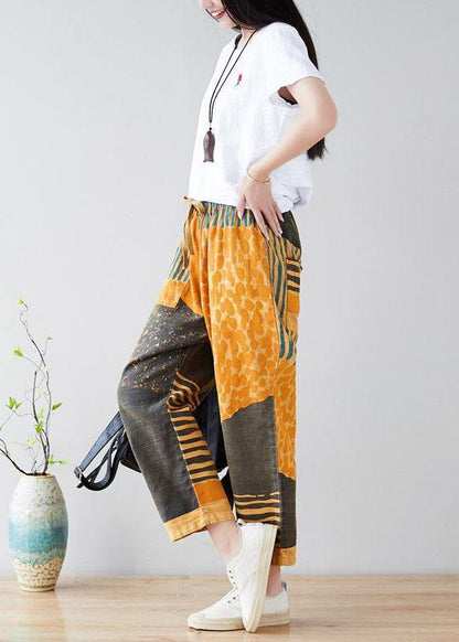 Modern Yellow Retro Colorblock Tie Waist Fall Pants Denim