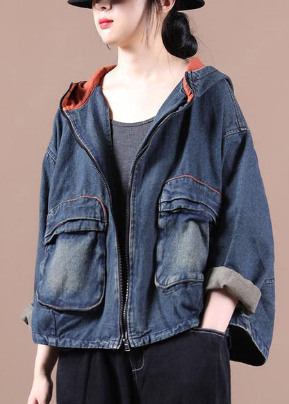 Blue Hooded Pockets Zippered Fall Denim Coat Long Sleeve