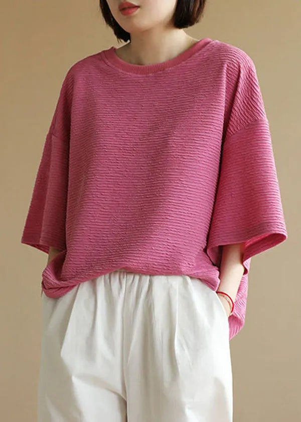 Rose O-neck Wrinkled Cotton Tanks Short Sleeve